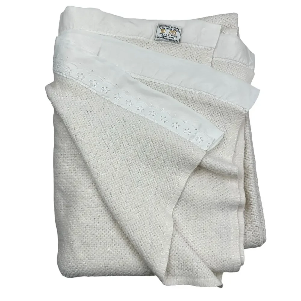 Vintage FARIBO Wool Acrylic Blanket Ivory Satin Trim Woven Texture 68x82 Cottage - Picture 3 of 13